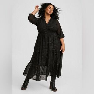 Torrid Womens Black Metallic Clip Dot Smocked Waist Tiered Dress Plus Size 4